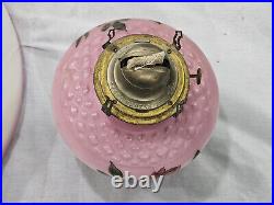 14 Hanging Oil Lamp Shade Hand Paint Floral Glass W Matching Font Antique Parts 14 Hanging Oil Lamp Shade Hand Paint Floral Glass W Matching Font Antique Parts