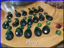 18 Vintage Emerald Green German glass Crystal Prism Lamp Chandelier Parts