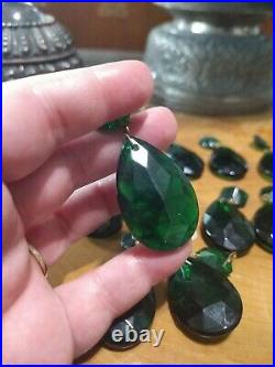18 Vintage Emerald Green German glass Crystal Prism Lamp Chandelier Parts