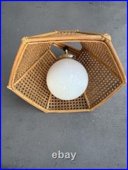 1970s Vintage Bamboo & Wicker Globe Pendant Hanging Swag Parts Large 19