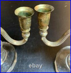 2 Candelabras Czecho Brass & Cut Glass Antique Parts Only 9 1/2 Tall