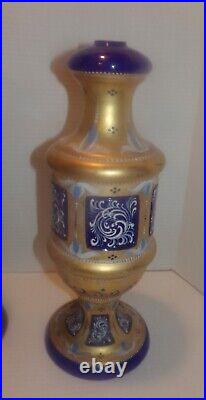 2 Ferro Italy Opaline Murano 15 Table Lamp Hand Painted Blue Glass Signed Parts