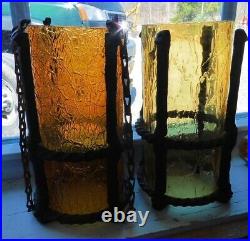 2 Vintage Cast Iron Lamp Parts Yellow Amber Glass Hanging light shade Cylinder