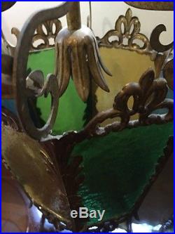 2x VTG Blue & Green Color Glass Bronze Floral Ceiling Light Lamp Fixture Part