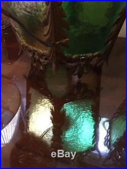 2x VTG Blue & Green Color Glass Bronze Floral Ceiling Light Lamp Fixture Part