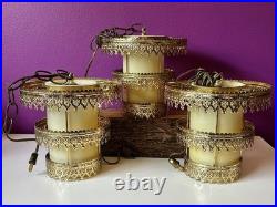 3 Vintage Retro MCM Hanging Tiered Brass Light Fixtures Filigree Cylinder PARTS