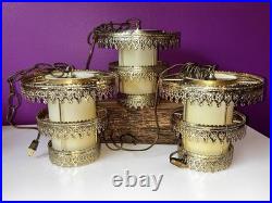 3 Vintage Retro MCM Hanging Tiered Brass Light Fixtures Filigree Cylinder PARTS