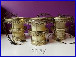 3 Vintage Retro MCM Hanging Tiered Brass Light Fixtures Filigree Cylinder PARTS