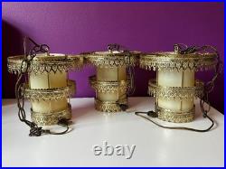 3 Vintage Retro MCM Hanging Tiered Brass Light Fixtures Filigree Cylinder PARTS