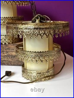 3 Vintage Retro MCM Hanging Tiered Brass Light Fixtures Filigree Cylinder PARTS