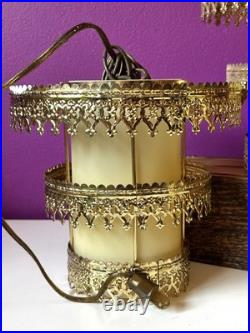 3 Vintage Retro MCM Hanging Tiered Brass Light Fixtures Filigree Cylinder PARTS