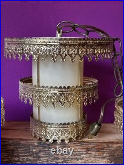 3 Vintage Retro MCM Hanging Tiered Brass Light Fixtures Filigree Cylinder PARTS