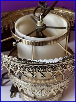 3 Vintage Retro MCM Hanging Tiered Brass Light Fixtures Filigree Cylinder PARTS