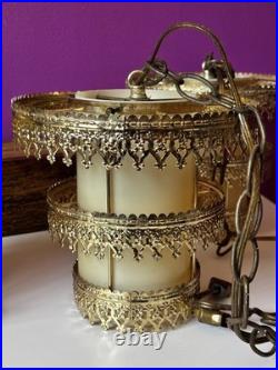 3 Vintage Retro MCM Hanging Tiered Brass Light Fixtures Filigree Cylinder PARTS