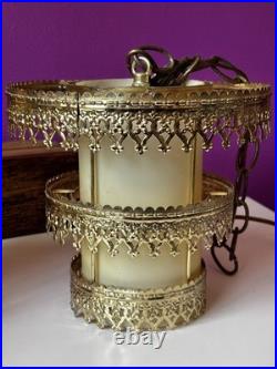3 Vintage Retro MCM Hanging Tiered Brass Light Fixtures Filigree Cylinder PARTS