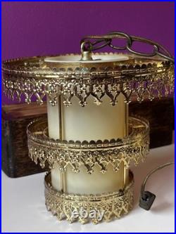 3 Vintage Retro MCM Hanging Tiered Brass Light Fixtures Filigree Cylinder PARTS