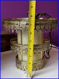 3 Vintage Retro MCM Hanging Tiered Brass Light Fixtures Filigree Cylinder PARTS