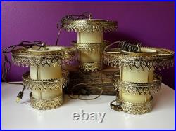3 Vintage Retro MCM Hanging Tiered Brass Light Fixtures Filigree Cylinder PARTS