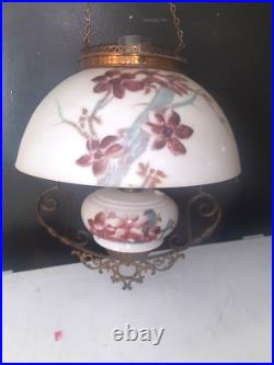 ANTIQUE Miller B & H Era GLASS SHADE VICTORIAN HANGING BRASS LIBRARY OIL LAMP
