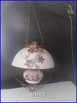 ANTIQUE Miller B & H Era GLASS SHADE VICTORIAN HANGING BRASS LIBRARY OIL LAMP