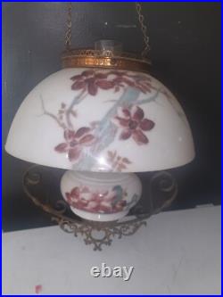 ANTIQUE Miller B & H Era GLASS SHADE VICTORIAN HANGING BRASS LIBRARY OIL LAMP