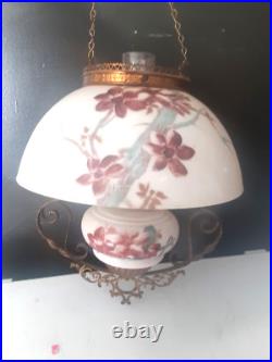 ANTIQUE Miller B & H Era GLASS SHADE VICTORIAN HANGING BRASS LIBRARY OIL LAMP