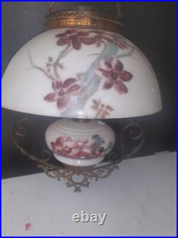 ANTIQUE Miller B & H Era GLASS SHADE VICTORIAN HANGING BRASS LIBRARY OIL LAMP