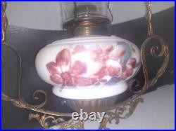 ANTIQUE Miller B & H Era GLASS SHADE VICTORIAN HANGING BRASS LIBRARY OIL LAMP
