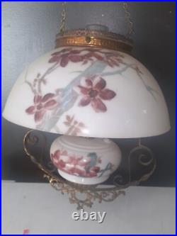 ANTIQUE Miller B & H Era GLASS SHADE VICTORIAN HANGING BRASS LIBRARY OIL LAMP