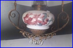 ANTIQUE Miller B & H Era GLASS SHADE VICTORIAN HANGING BRASS LIBRARY OIL LAMP