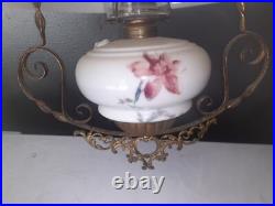 ANTIQUE Miller B & H Era GLASS SHADE VICTORIAN HANGING BRASS LIBRARY OIL LAMP