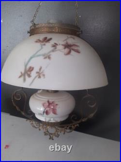 ANTIQUE Miller B & H Era GLASS SHADE VICTORIAN HANGING BRASS LIBRARY OIL LAMP