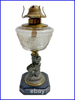 Antique 1870's Victorian Oil Lamp Cast Figural Boy w Lamb Metal 12 Child P&A