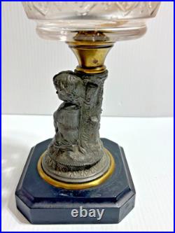 Antique 1870's Victorian Oil Lamp Cast Figural Boy w Lamb Metal 12 Child P&A