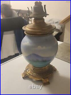 Antique 1887s Hand Painted Multicolor Art Oil Lamp Used For Parts Or Repair
