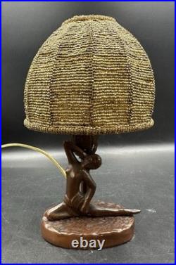 Antique ART NOUVEAU Deco Lady Dancer Metal Lamp Beaded Shade Parts Only