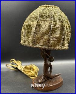 Antique ART NOUVEAU Deco Lady Dancer Metal Lamp Beaded Shade Parts Only