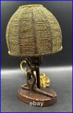 Antique ART NOUVEAU Deco Lady Dancer Metal Lamp Beaded Shade Parts Only