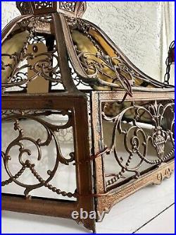 Antique Art Nouveau 16 Panel Slag Glass Table Lamp Shade 5O Parts Restore