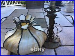 Antique Arts & Crafts Stained Slag Glass Shade Gold Gild Table Lamp parts Repair