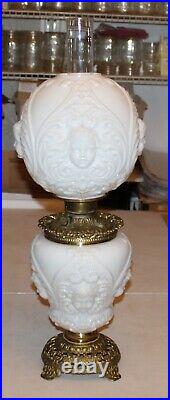 Antique Banquet Oil Lamp Glass Parts Milk Glass Cherub Globe & Base