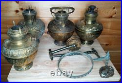 Antique Bradley & Hubbard Brass Oil Lamp Font Parts Lot 4 VTG Ornate And Bracket