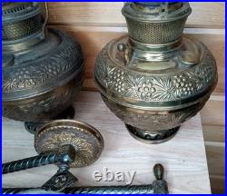Antique Bradley & Hubbard Brass Oil Lamp Font Parts Lot 4 VTG Ornate And Bracket