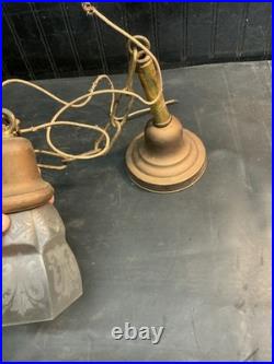 Antique Brass Early Pendant Hanging Lamp with Frosted Glass Shade-parts Repair