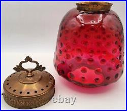Antique Cranberry Red Hobnail Thumbprint Glass Hanging Lamp Shade FOR PARTS