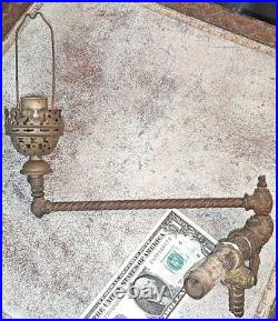 Antique Eastlake Brass Gas Lamp Arm w Valve Burner & Shade Fitters Parts Restore