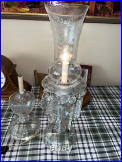Antique Etched Glass Hurricane Table Boudoir Crystal Prism Electric Lamp & Parts