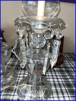 Antique Etched Glass Hurricane Table Boudoir Crystal Prism Electric Lamp & Parts