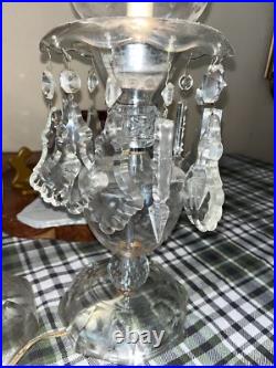 Antique Etched Glass Hurricane Table Boudoir Crystal Prism Electric Lamp & Parts