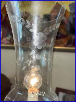 Antique Etched Glass Hurricane Table Boudoir Crystal Prism Electric Lamp & Parts